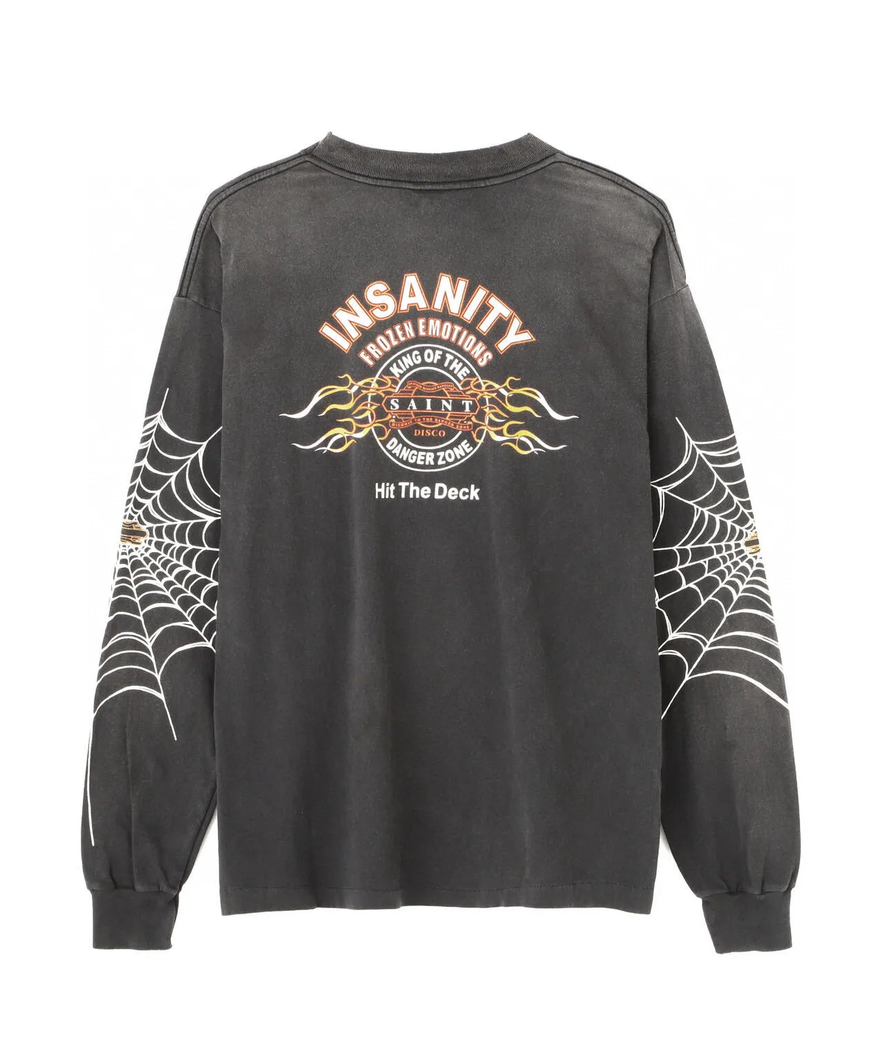 SAINT Mxxxxxx × TEFLON DISCO ML_LS TEE/INSANITY/BLK Spider Web INSANITY Distressed Long Sleeves Washed Black S-XL Ready-to-wear Assute dyeing Maliu water spray fading treatment Customized TEFLON DISCO co-branded accessories Hand-splashed ink Wormhole fraying treatment Authentic level printing process